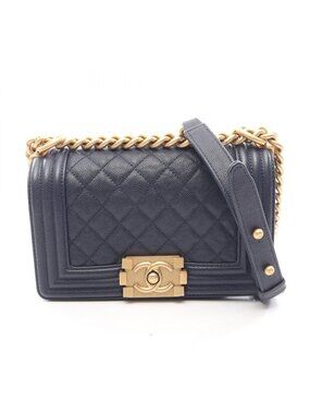 Chanel Shoulder Bag Boy Small Navy Caviar Leather Chain